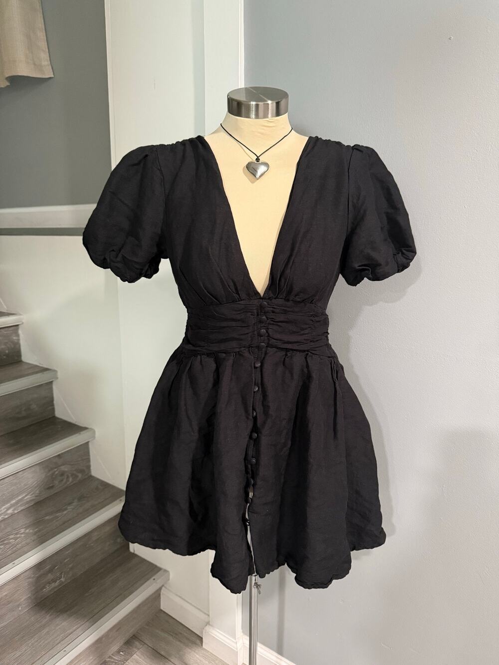 Anthropologie Linen Blend Puff Sleeve V-Neck Tunic Mini Dress Black Size Small